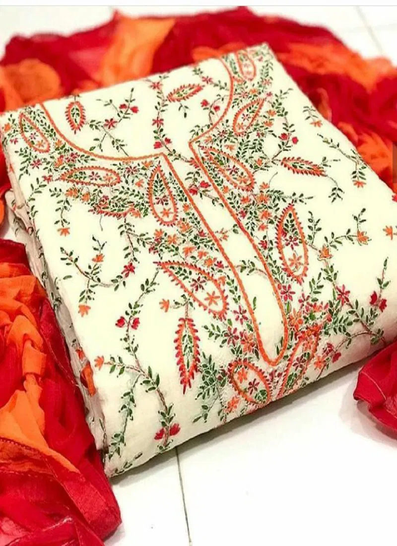 Exclusive Designer Chanderi Dress Material With Full Embroidery Work and Najmin Dupatta 